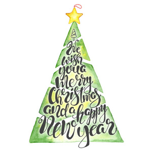 圣诞快乐水彩画与松树和字母报价