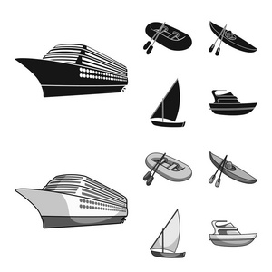 一艘橡皮渔船, 一只划着桨的独木舟, 一条钓鱼帆船, 一辆摩托游艇。船舶和水运集合图标黑色, 单色风格矢量符号股票插图