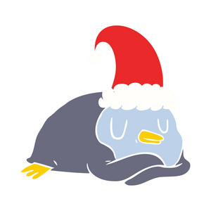 平板颜色风格动画片企鹅戴圣诞帽子