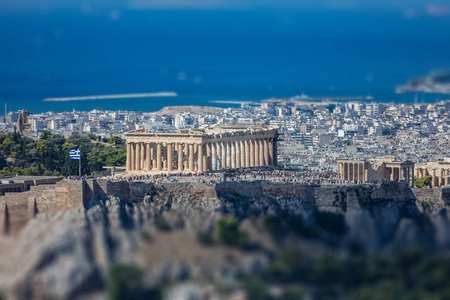 雅典, 希腊。从 Lycavittos 山看雅典卫城和城市鸟瞰图