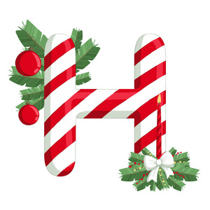 圣诞字母字母 H 的插图与树, 蜡烛和装饰品。用于明信片, 墙纸, 纺织品, 剪贴簿
