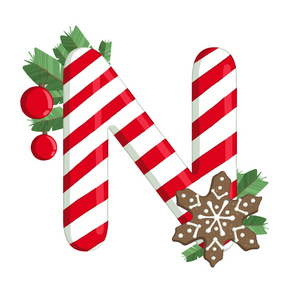 圣诞字母插图字母 N 与树, 姜饼和装饰品。用于明信片, 墙纸, 纺织品, 剪贴簿