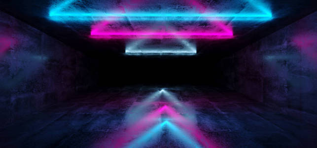 科幻未来抽象梯度蓝色紫色粉红色霓虹灯发光三角形管在反射混凝土房间墙壁黑暗的内部空太空飞船3d 渲染例证