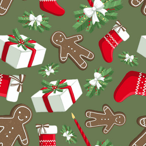 圣诞插图图案与装饰品, 袜子, 礼物, 姜饼人。用于明信片, 墙纸, 纺织品, 剪贴簿