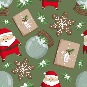 圣诞插图图案与装饰品, 圣诞老人, 礼物, 姜饼和雪球。用于明信片, 墙纸, 纺织品, 剪贴簿