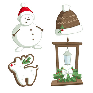 孤立的圣诞插图设置与轻, 雪人, 驯鹿, 姜饼在白色的背景。用于明信片, 墙纸, 纺织品, 剪贴簿