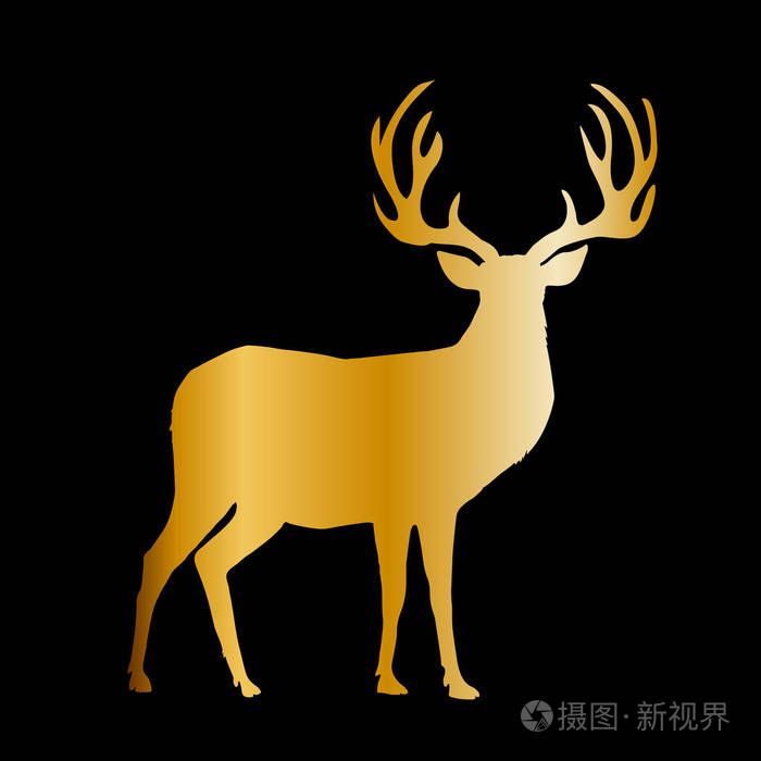 黑色背景下有大角的驯鹿的金色剪影.