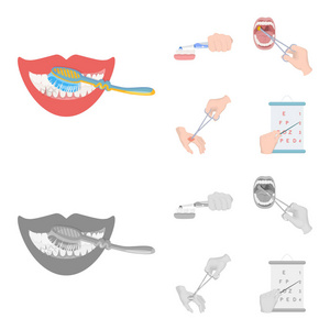 牙科护理, 伤口处理等网络图标的卡通, 单色的风格. 口腔治疗, 视力测试图标集合收藏