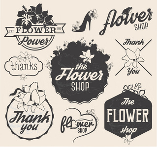 鲜花店设计元素 标签和复古风格的徽章