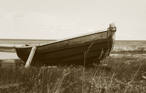 在湖岸边附近的地面上的老木渔船。阿尔汉格尔斯克地区, 俄罗斯北部。夏季时间。单色风格