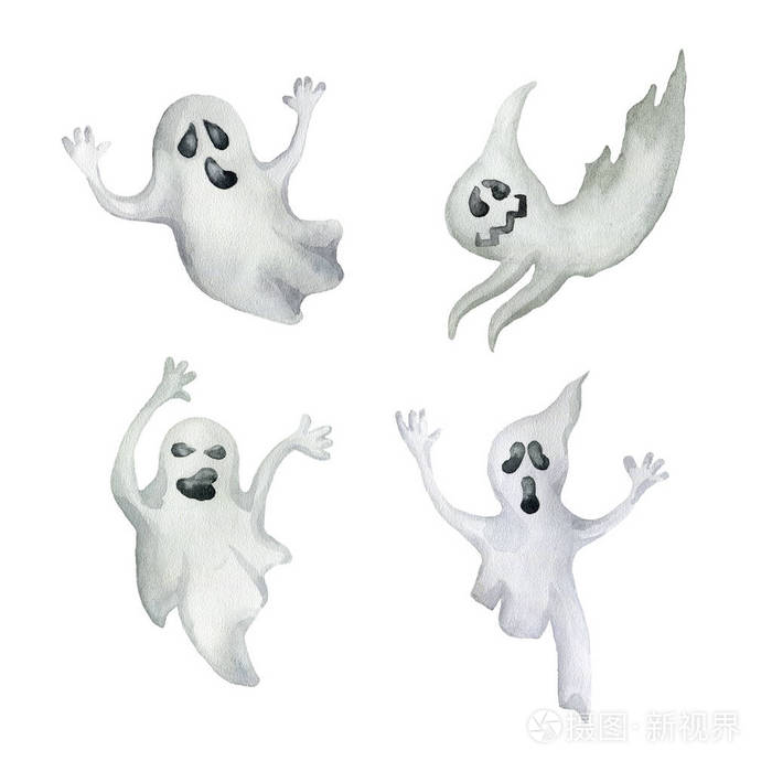 一套万圣节幽灵.手绘水彩插图