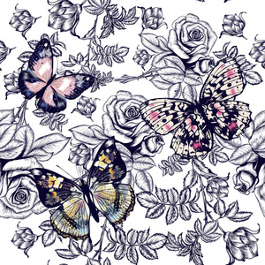时尚美丽的矢量图案与手绘玫瑰花和蝴蝶