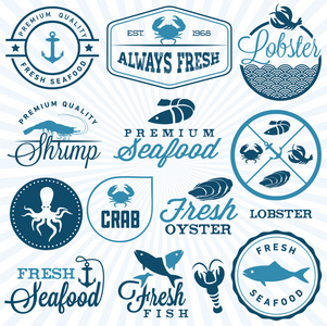 收集的海鲜餐厅标签 徽章及中的复古风格的图标