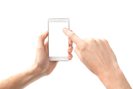 手触摸智能手机白色屏幕上的白色背景隔离
