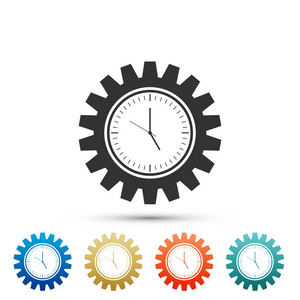 在白色背景上隔离的时钟齿轮图标。时间管理符号。在彩色图标中设置元素。扁平设计。矢量插图