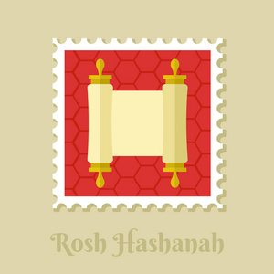 律法卷轴。Rosh 新年邮票。夏娜沙娜托娃。快乐和甜蜜的新年在希伯来语