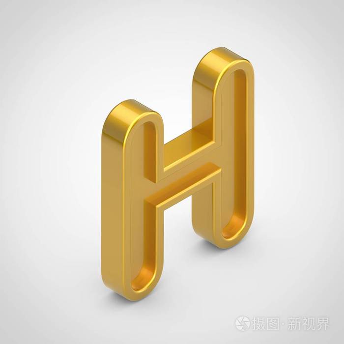 金色字母 h 大写.3d 渲染在白色背景上隔离的等距浮雕字体