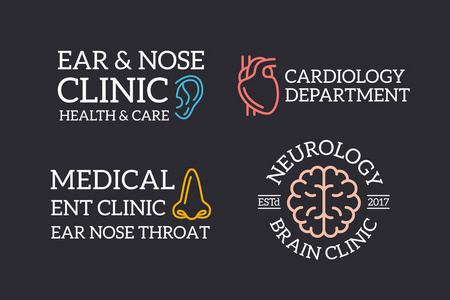 复古的复古器官, 耳朵, 大脑, 鼻子徽标或徽章, 徽章, 标签和徽章和其他品牌对象的集合