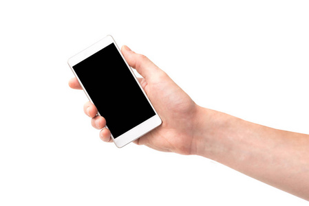 手持智能手机与黑屏隔离在白色背景上