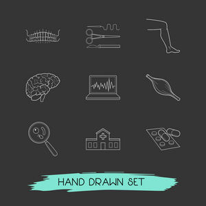 一套医学图标线风格符号与大脑, 医疗中心, 微生物和其他图标为您的 web 移动应用程序徽标设计