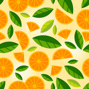 水果无缝模式。橙色或柑橘多汁的片和一片橘子, 叶子在浅色背景上。平的例证