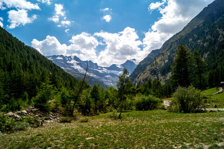 夏日阳光明媚的日子里的高山全景