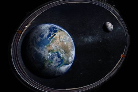 地球在外太空与美丽的月亮从门廊。美国宇航局提供的这张图片的元素