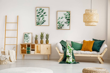 典雅的起居室配有木制家具和墙上的绿色图形, 真实照片