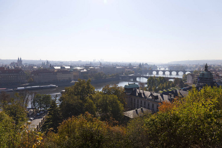 秋天布拉格城市与它的建筑, 塔, 大教堂和桥梁在阳光明媚的一天, 捷克共和国