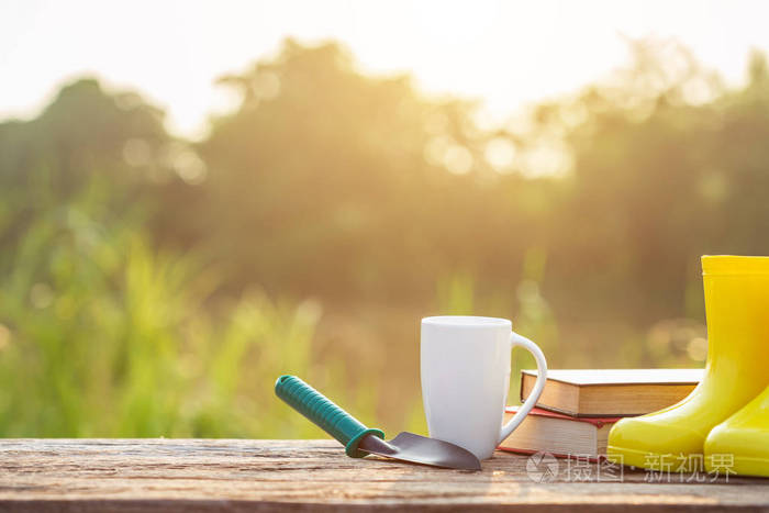 咖啡和园艺概念: 早上在阳光下的木桌上的咖啡,书和花园设备