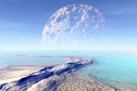 3d 渲染的幻想外星人的星球。岩石和月亮