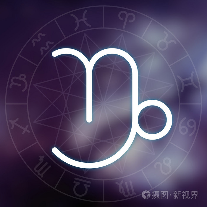 星座-摩羯座.白色薄简单线占星符号与占星命盘中的模糊抽象空间背景