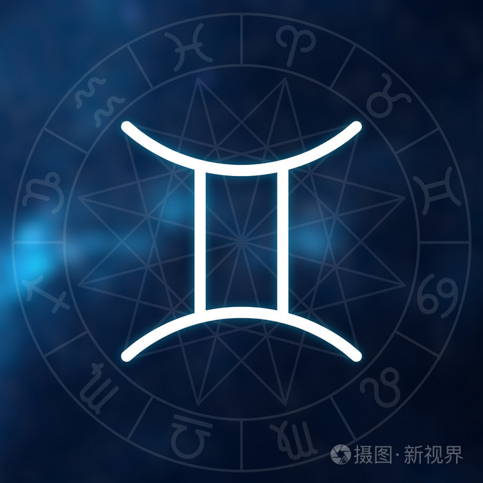 星座-双子座.白色薄简单线占星符号与占星命盘中的模糊抽象空间背景