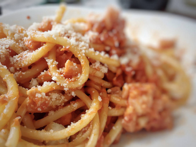 自制面食 bucatini amatriciana 番茄酱和腌猪肉颊和 pecorino 干酪