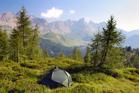 在绿色森林 om 山旅游帐篷