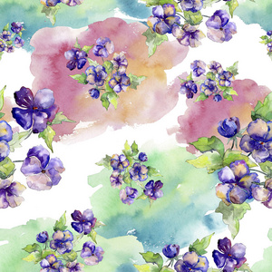水彩紫色花束的中提琴花。花卉植物花卉。无缝的背景模式