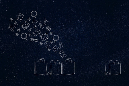 网上购物概念说明 一组购物袋的产品飞出他们和一个空一个分开