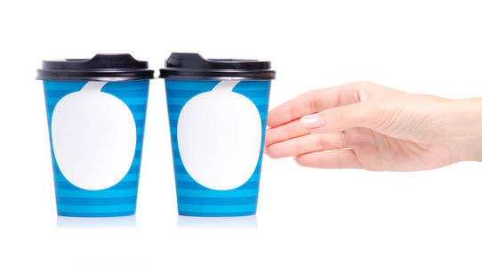 蓝色两杯, 手里拿着咖啡盖子
