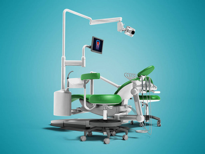 现代绿色牙科椅与硼砂与照明和显示器的工作3d 渲染蓝色背景与阴影