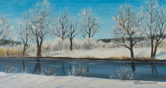 冬季河道中的油画油画背景下的树漆