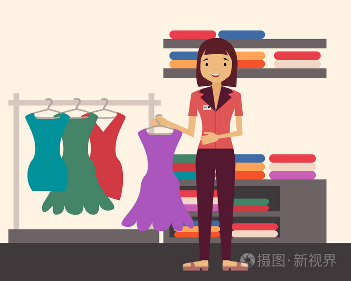 销售员.女孩抱着一件衣服,在一家服装店.矢量图