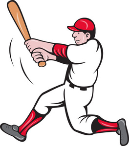 棒球运动员击球的卡通风格上白色隔离
