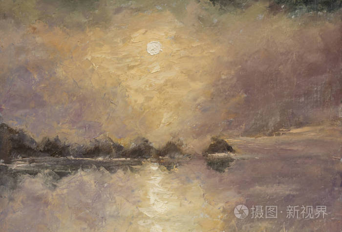 水彩油画的美丽宁静的雾湖风景的薄雾.艺术品.