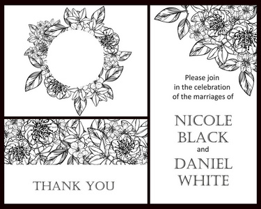 复古风格的花婚卡设置在黑白相间。花卉元素和框架
