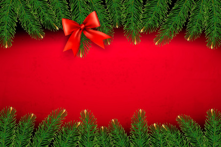 圣诞礼物弓和冷杉枝的背景。矢量错觉