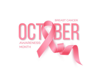 乳癌意识月背景。逼真的粉红色丝带与3d 文本。矢量插图