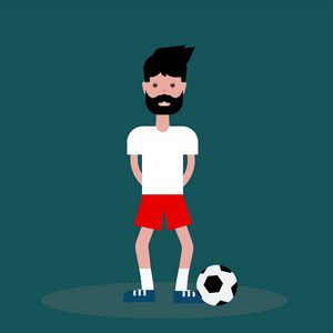 平向量人男孩男孩足球运动员在绿色背景在短裤和 t恤与球