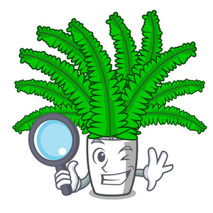 侦探美丽的卡通蕨类植物在绿色树叶载体 ilustration