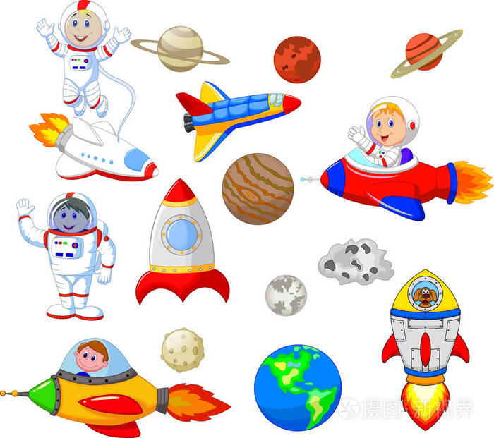 动画片宇航员的向量例证与太空飞船汇集集合集合