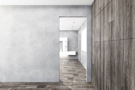 现代混凝土木质内饰, 门和墙上的复制空间。模拟, 3d 渲染